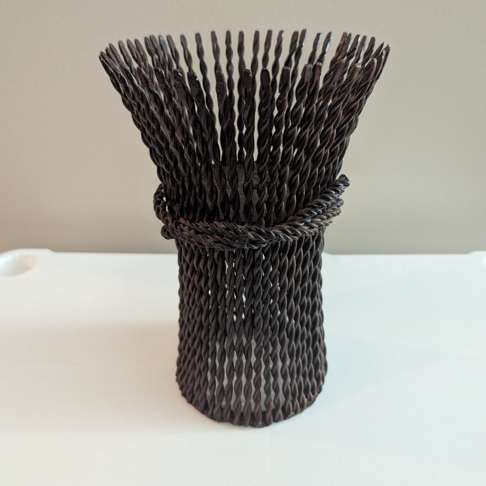 Rustic Twisted Metal Flared Pillar Candle Holder Industrial Woven Decor